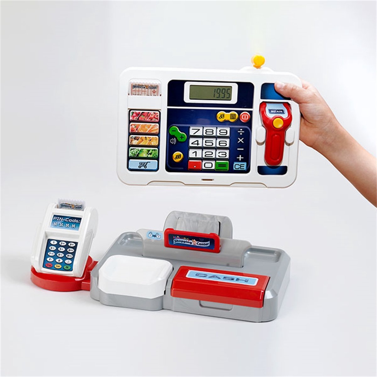 Klein Toys elektronische kassa - afneembare tablet, rekenmachinefunctie, scanner, kaartlezer en een kassa vol speelgeld - 33,42x16,83x22,33 cm - incl. soundbar - grijs rood — afbeelding 14