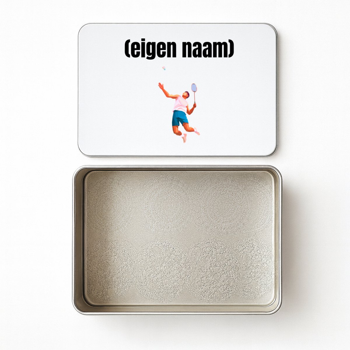 Hacebo® - badminton met man koektrommel rechthoekig - Badminton - badmintoners - koekblik – koektrommels – bewaarblik - snoeptrommel - met eigen naam - badminton liefhebbers - cadeau - kado - koek trommel - 20 x 13 CM