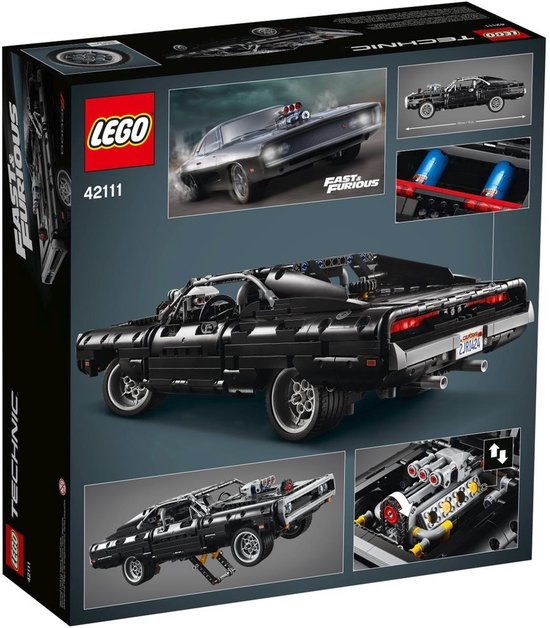 Lego Technic Dom's Dodge Charger 42111 doos met een beeld van de auto, de binnenkant en de motor.