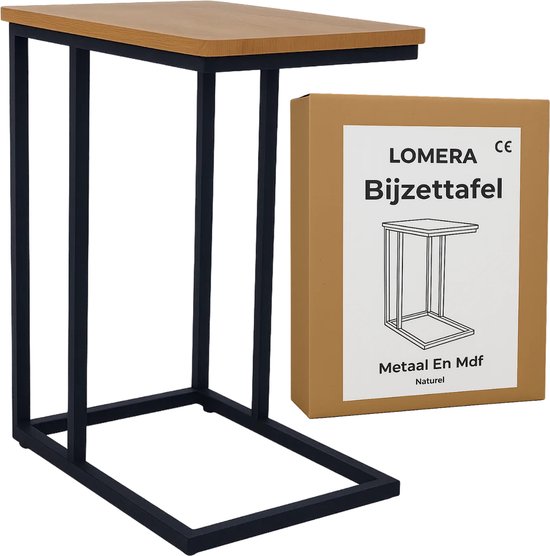 Salontafel industrieel, rechthoekig, mat zwart staal met houtlook tafelblad