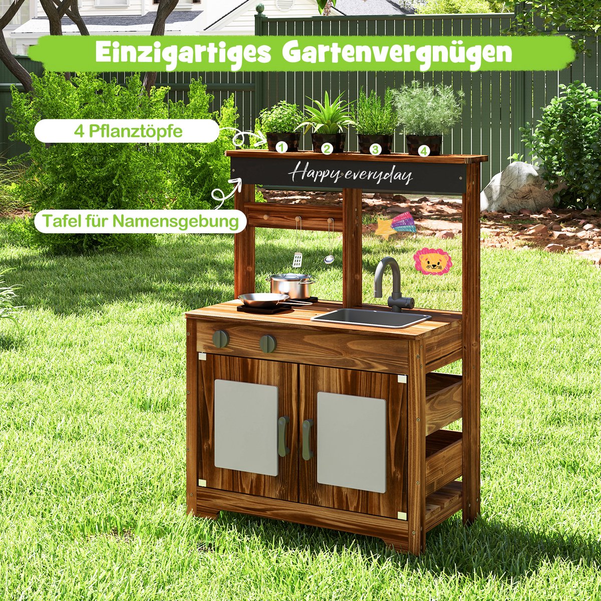 COSTWAY Modderkeuken voor kinderen, outdoor, kinderkeuken, dennenhout met 4 kookpotten, kraan en afneembare spoelbak en kookplaten, outdoorkeuken, speelkeuken met kookaccessoires voor kinderen vanaf 3 — afbeelding 4