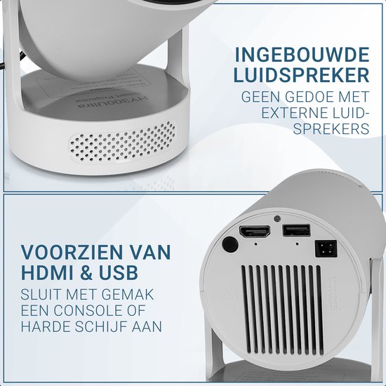 Projecteur blanc avec haut-parleur intégré, ports HDMI et USB à l'arrière.