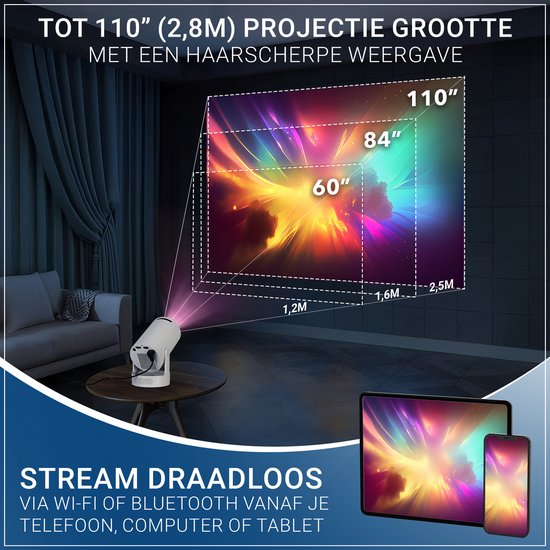 Projecteur blanc projetant une image colorée sur un écran de 60", 84" et 110" de 1,2m à 2,5m.