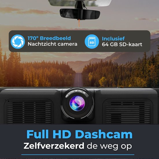 Full HD Dashcam met 170° breedbeeld nachtzichtcamera en inclusief 64GB SD-kaart.