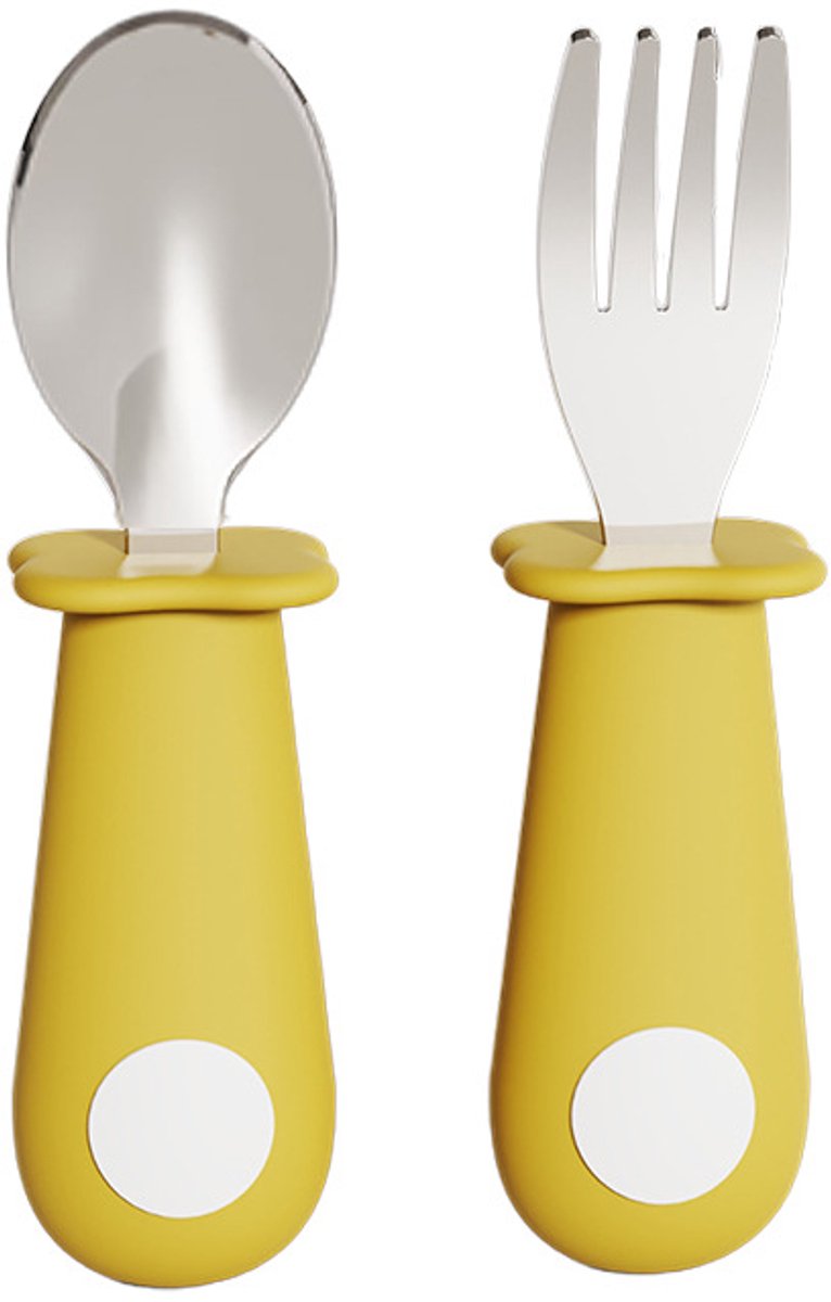 Image of 4-delige grijze baby siliconen lepel met handvat, kindervork met korte steel van roestvrij staal 316, babyvoeding servies