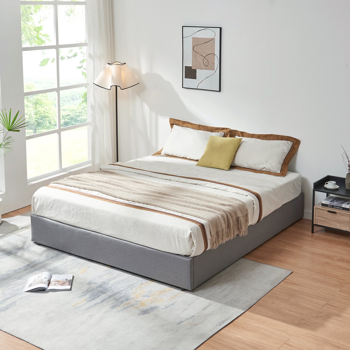 Tweepersoonsbed Nola met bedbodem linnen 200x180 cm grijs [en.casa]