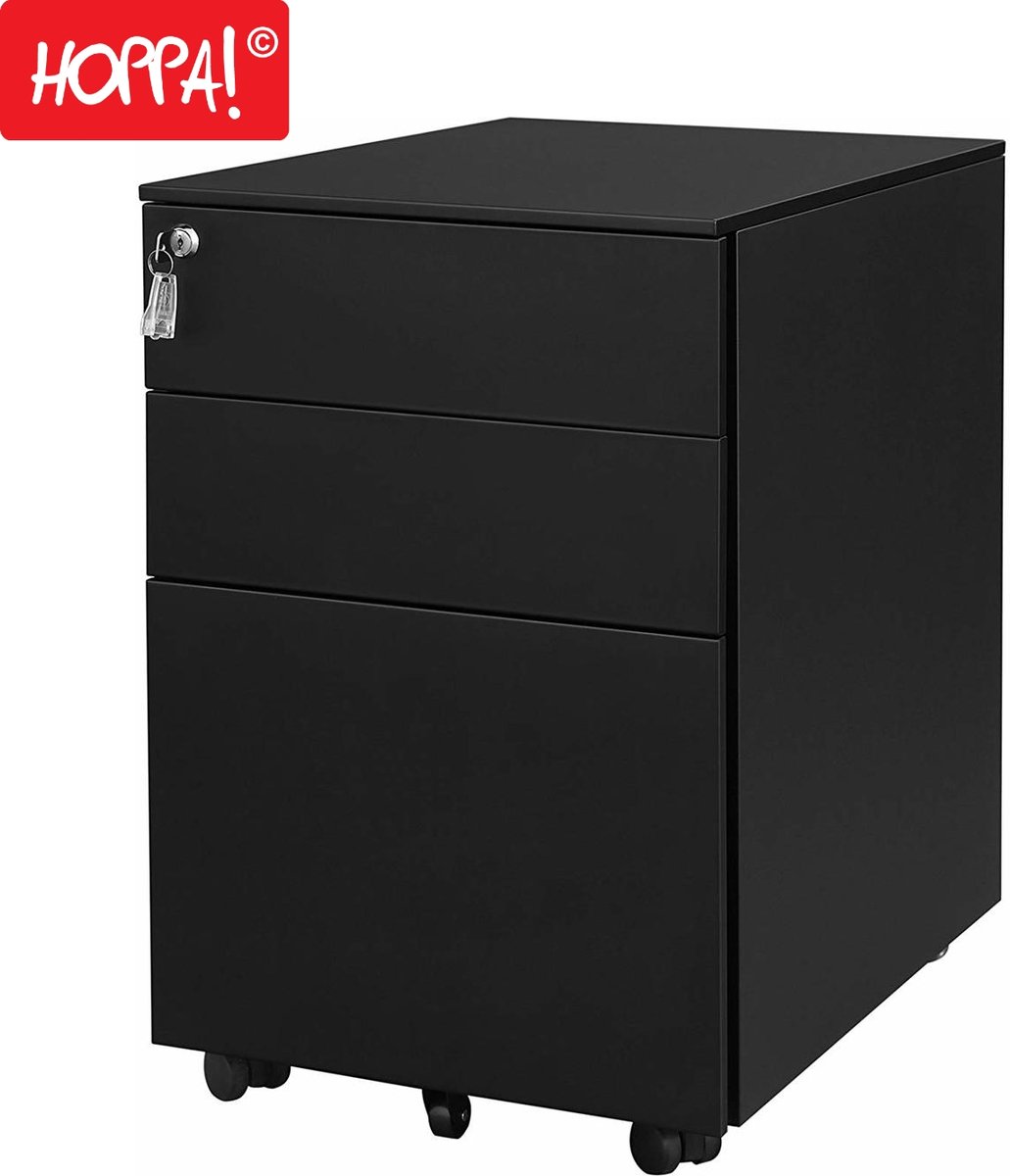 Hoppa! - Ladeblok - Rolcontainer - Nachtkastje - Op Wielen - Verrijdbare archiefkast - Zwart - Staal - 39x45x55 cm (BxDxH)