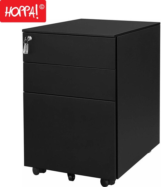 Zwart metalen ladeblok met drie laden, slot, sleutel en wieltjes. 'HOPPA!' logo.