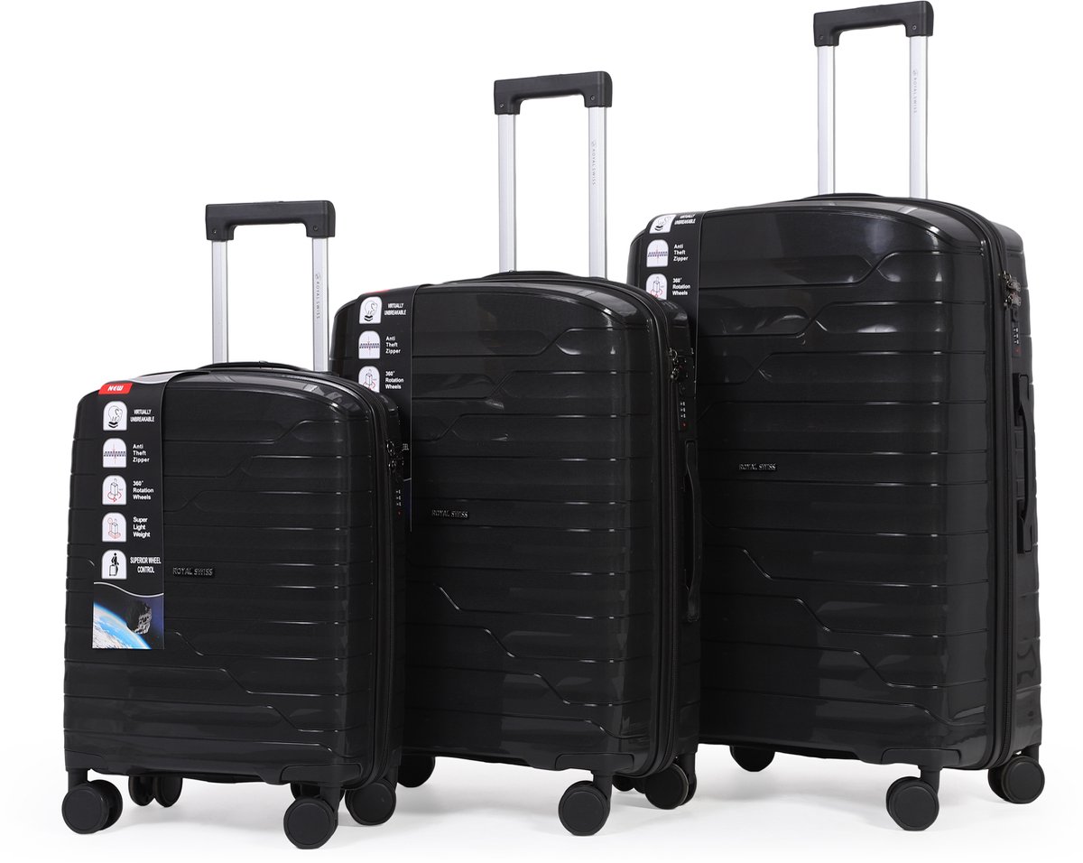 Royal Swiss® 3-Delige Kofferset – Zwart – Reiskoffers 20/24/28 inch – Lichtgewicht & Stevig – Met TSA Slot