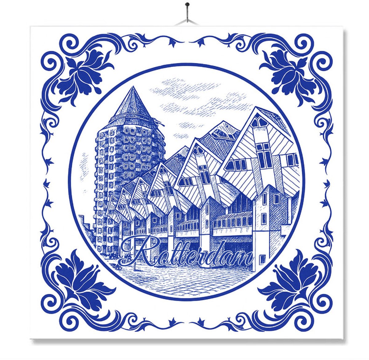 Tegel Met Opdruk | Rotterdam | Delft Blauw | Cadeau | Inclusief Geschenkdoos | Standaard | Ophangsysteem