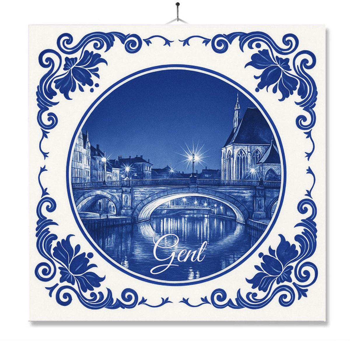 Tegel Met Opdruk | Gent | Delft Blauw | Cadeau | Inclusief Geschenkdoos | Standaard | Ophangsysteem