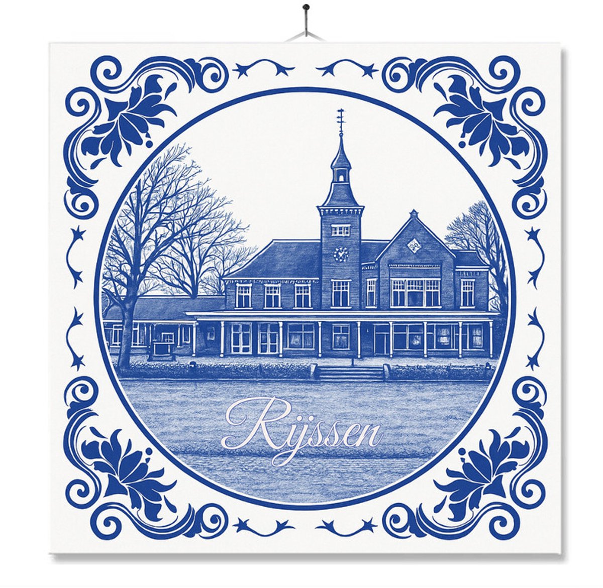 Tegel Met Opdruk | Rijssen | Delft Blauw | Cadeau | Inclusief Geschenkdoos | Standaard | Ophangsysteem