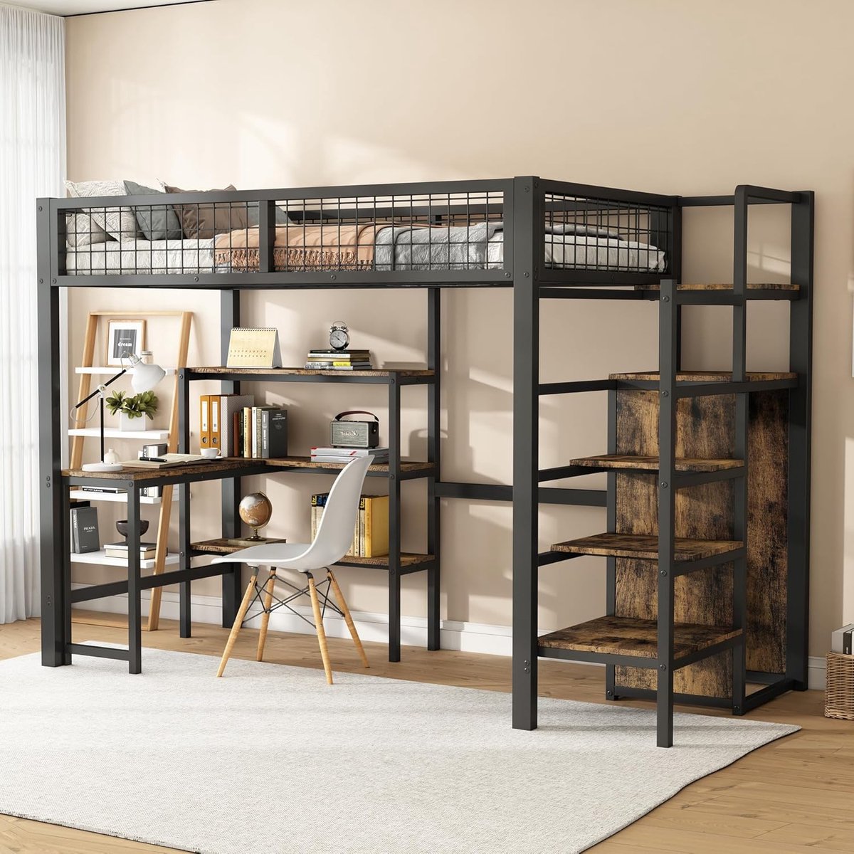 Moderne hoogslaper met bureau en inbouwkast, zwart (90 x 200 cm)