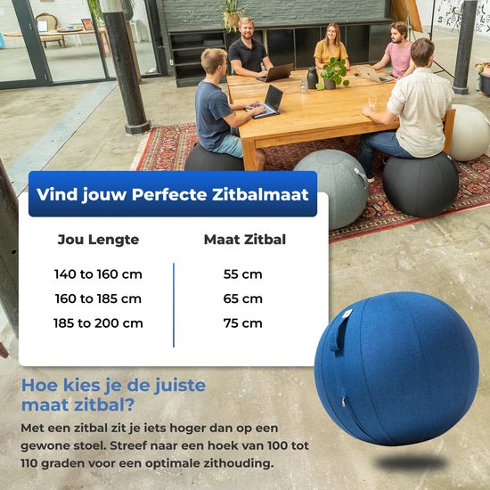 Backerz Zitbal 75 CM - Zitballen met Hoes Linnen - Ergonomische Bureaustoel Kantoor en Thuis - Luxe Yoga Bal - Donker Blauw