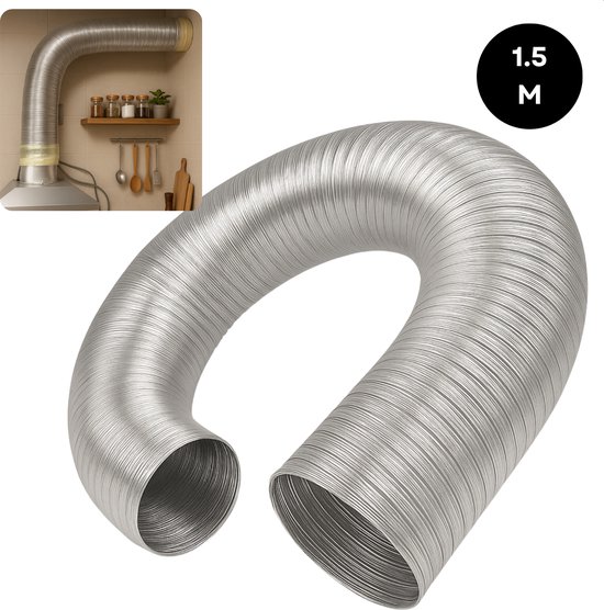 Zilverkleurige aluminium flexibele afvoerslang, gebogen. Inzet toont slang geïnstalleerd.
