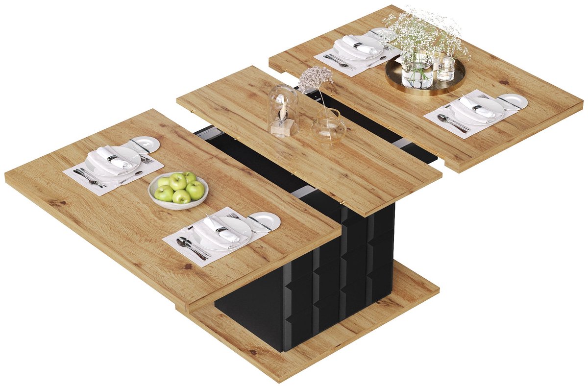 Merax Uitschuifbare Eettafel - Telescoop Eettafel 110-140x80 cm - Klapbare Keukentafel voor 4-6 Personen - Ruimtebesparende Tafel met Opbergruimte - Zwart/Naturel