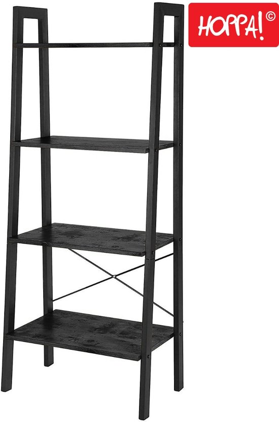Zwarte ladderkast met vier legplanken en metalen frame.