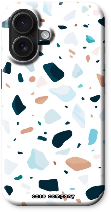 Witte telefoonhoes met veelkleurige terrazzo print in blauw, bruin en wit. Camera-uitsparing zichtbaar.