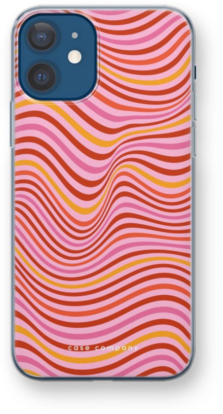 iPhone 12 mini met een roze telefoonhoesje met golvende strepen in rood, oranje en roze.