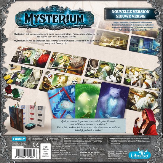 Achterkant Mysterium bordspeldoos met illustraties en spelbeschrijving.