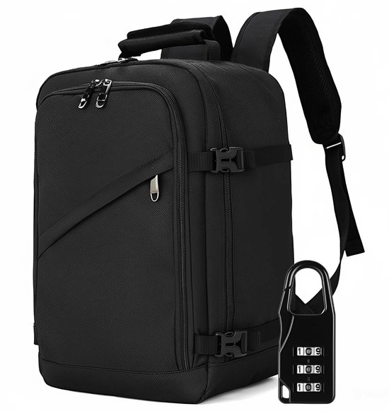 Sac à Bagage à main Tobey's 40 x 30 x 20 cm - Sac de voyage 20 L - Cadenas à combinaison inclus - Sous le siège - Zwart - Sac à dos de voyage compact