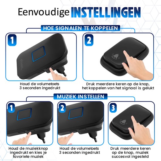 STEEN® Draadloze Deurbel Set - Deurbellen met 1 drukker en 1 Ontvanger - 5 Volume­standen (25–85 dB) - IP44 Waterdicht - Bereik 300m - Inclusief Batterij & Montage­materiaal - Plug & Play — afbeelding 4