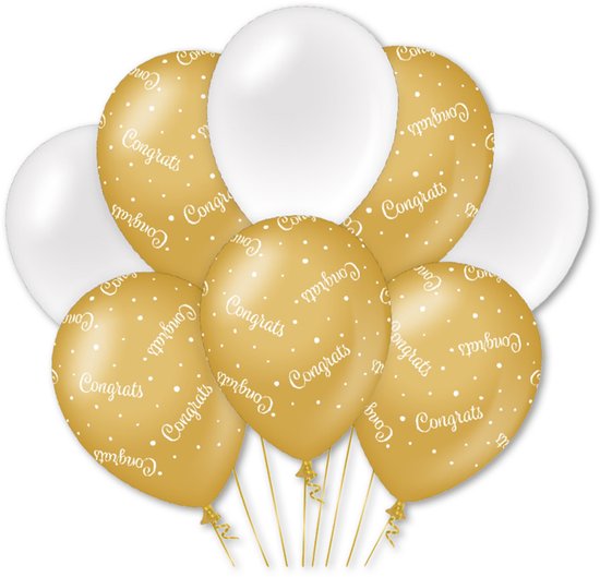 Ballonnen goud/wit 16 jaar | 8 stuks