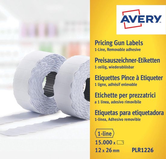 Emballage d'étiquettes pour price gun Avery. Le devant montre deux rouleaux d'étiquettes et du texte multilingue.
