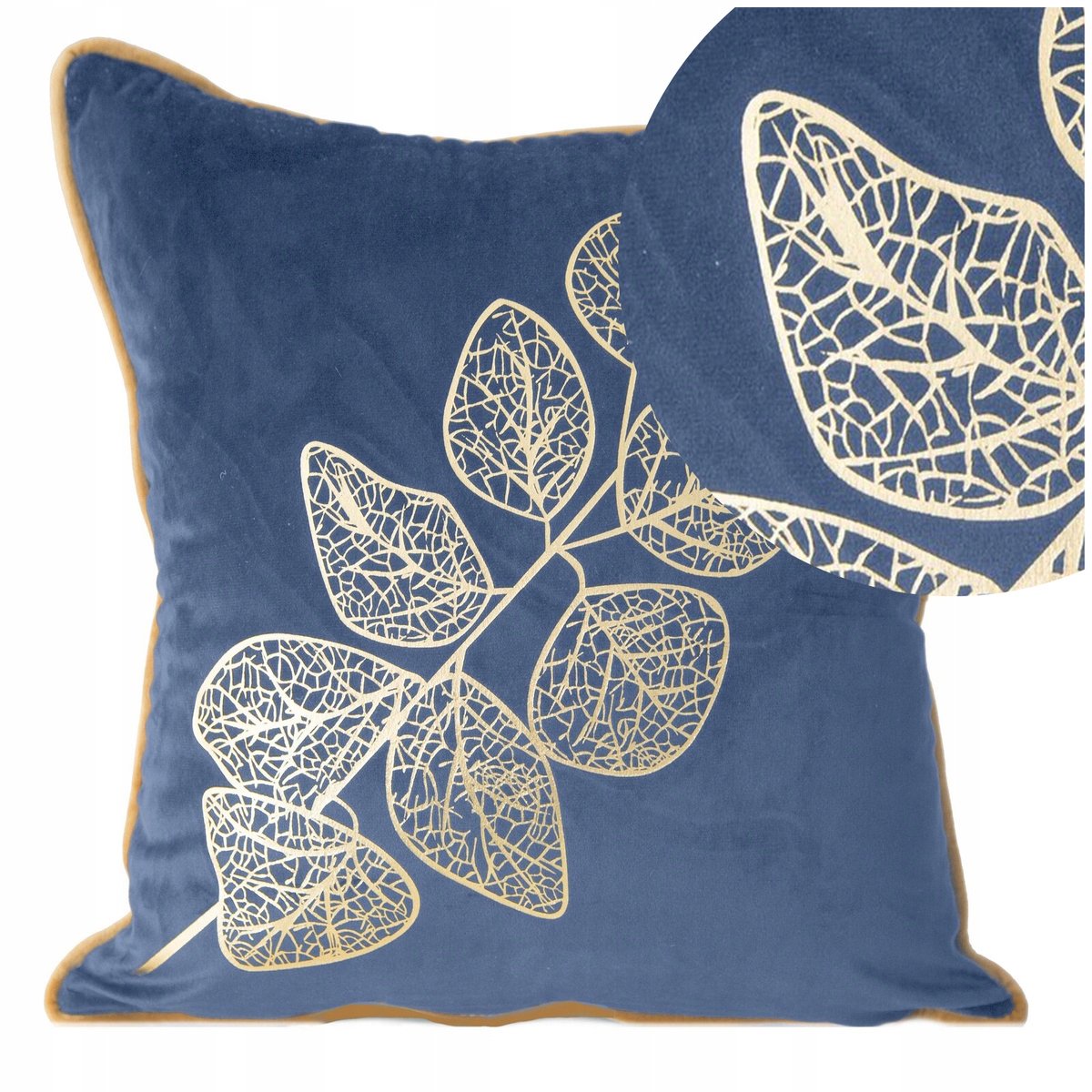 Decoratieve Kussenhoes Popla 45x45cm - Blauw met Gouden Bladeren