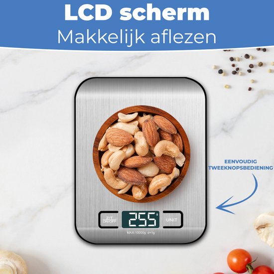 Balance de Cuisine - Balance de Cuisine Numérique - 1G à 10KG - Rechargeable USB - Piles incluses - Écran LCD - Fonction Tare - Argent