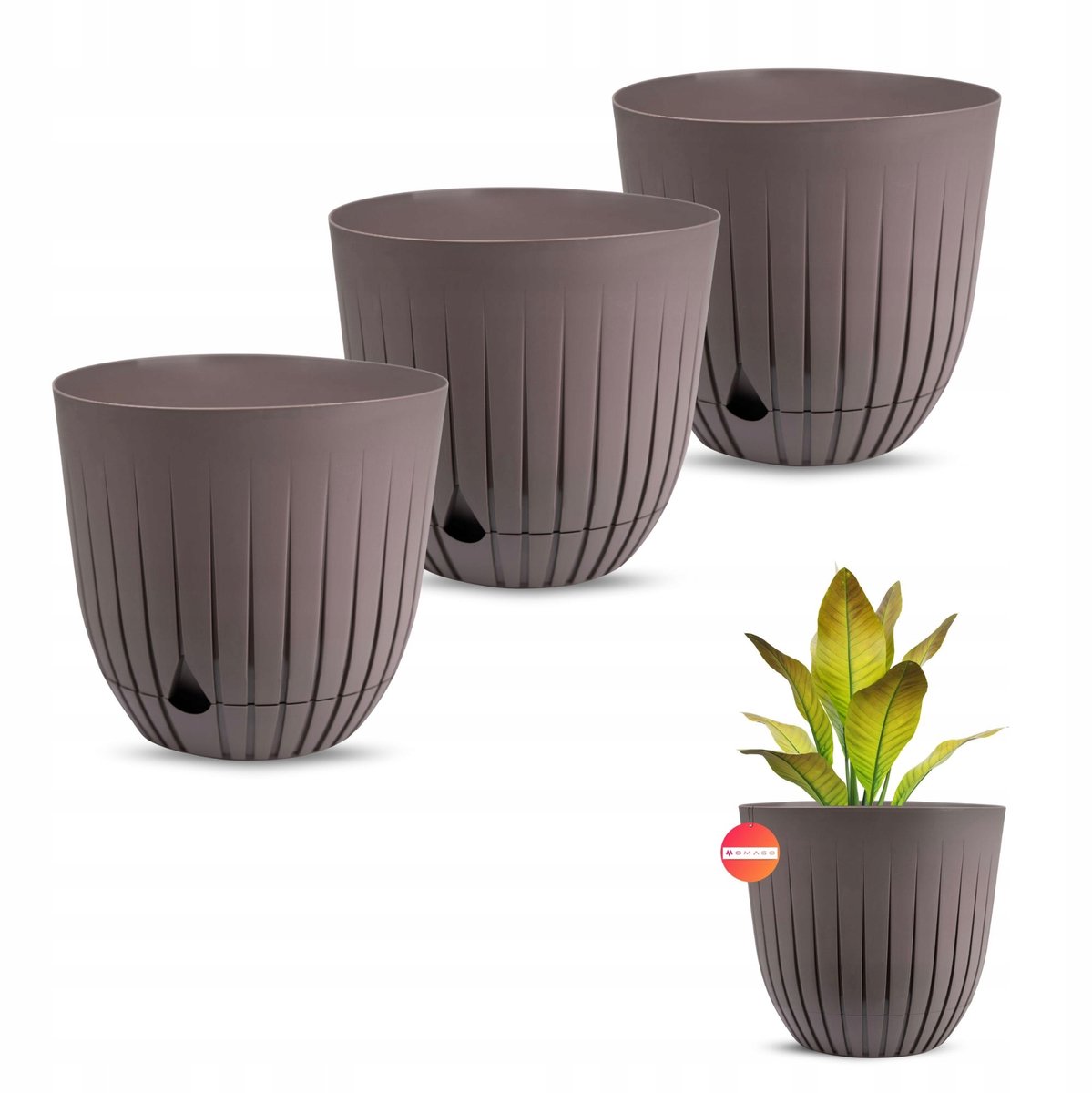 3x Omago Bloempot met Schotel, Beige, 26 cm, Kunststof, Geribbeld