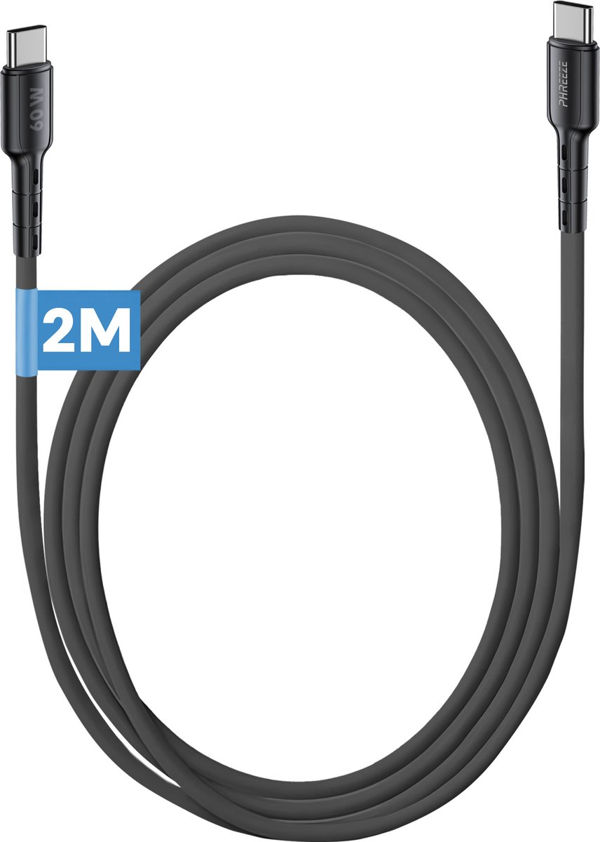 Lange usb C kabel 2m - 65w snelladen & 480 mbps data - Usb C naar usb C - Oplaadkabel - Phreeze