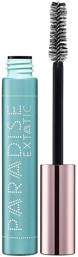 Turquoise mascara koker met roze koperen dop en borsteltje. Paradise Extatic staat erop.