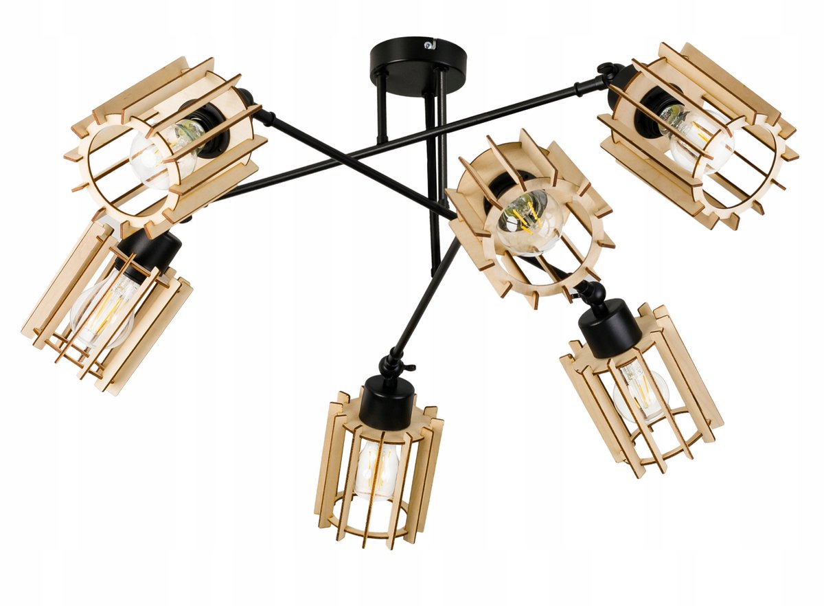 Loft Hanglamp Hout 6xE27 Verstelbaar Zwart
