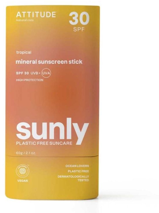 Bâton de crème solaire jaune et orange 'sunly', 'PLASTIC FREE SUNCARE', FPS 30, 'VEGAN' et 'OCEAN LOVERS'.
