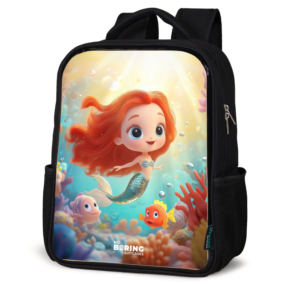 NoBoringSuitcases.com® - Rugzak zwart meisjes - Schooltas meisje - NoBoringSuitcases.com® - Rugzak zwart - Schooltas jongen & meisje - Zeemeermin - Vissen - Koraal - Rugtas voor school - Boekentas kind - Schoolrugzak - Kinderrugzak