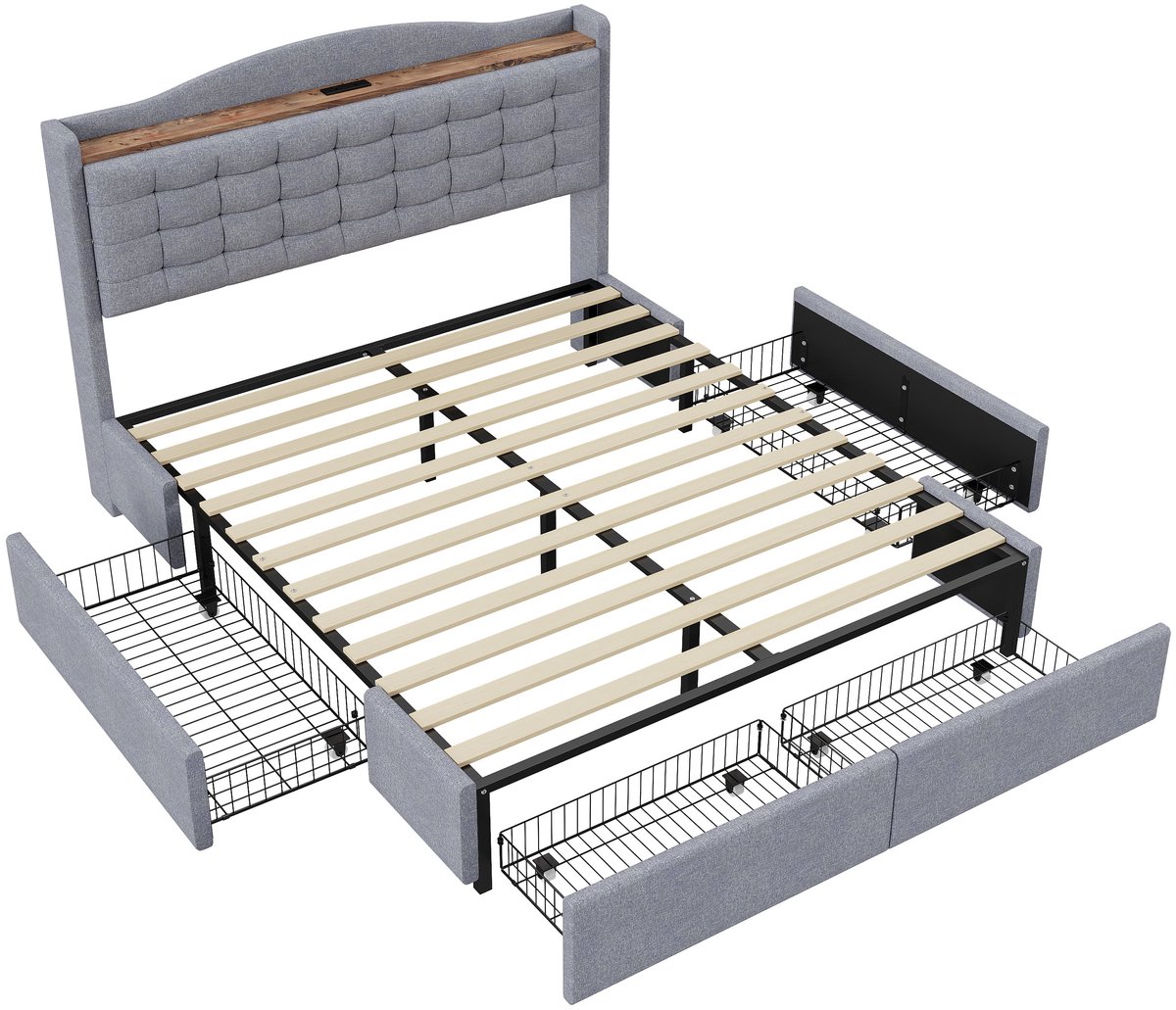 Merax Tweepersoonsbed 160x200 cm Inclusief USB Aansluting en Opbergruimte - Gestoffeerd Bed met 4 Lades - Lichtgrijs