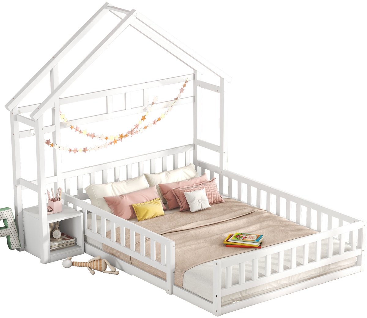 Merax Houten Tweepersoonsbed 140x200 cm voor Kinderen - Bed in Huisvorm met Reling - Kinderbed Inclusief Nachtkastje - Wit
