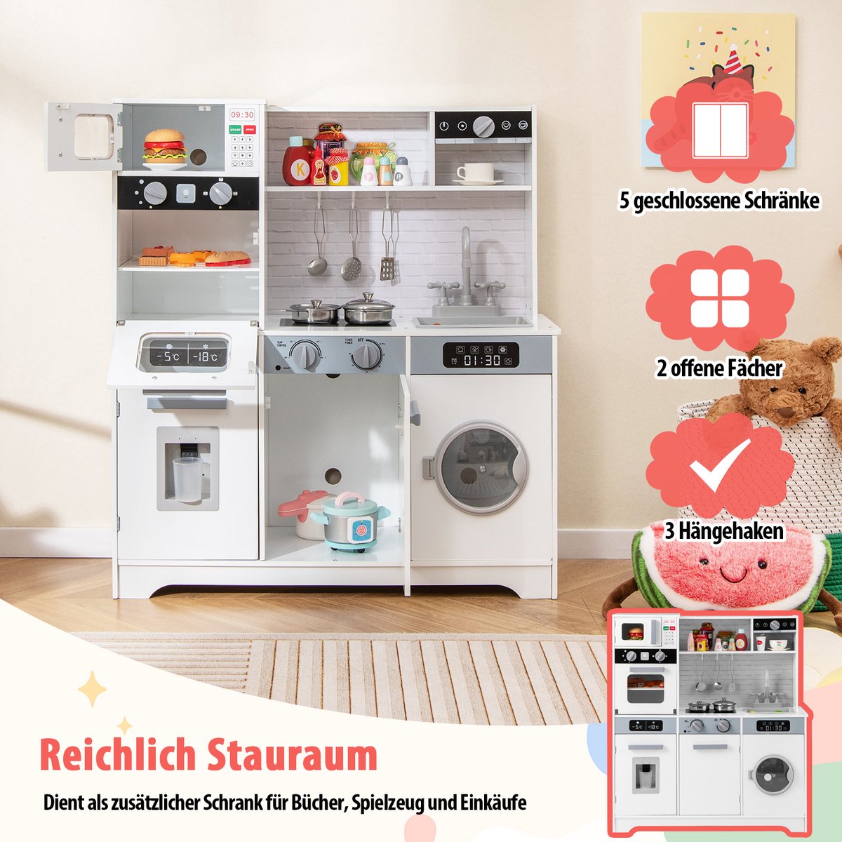 COSTWAY Houten kinderkeuken met wasmachine, gootsteen, waterdispenser, magnetron, oven, gebruiksvoorwerpen, speelkeuken met licht en geluid, voor kinderen vanaf 3 jaar — afbeelding 4