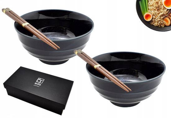 Set van 2 Japanse keramische kommen, 1200 ml, met lepels, eetstokjes en