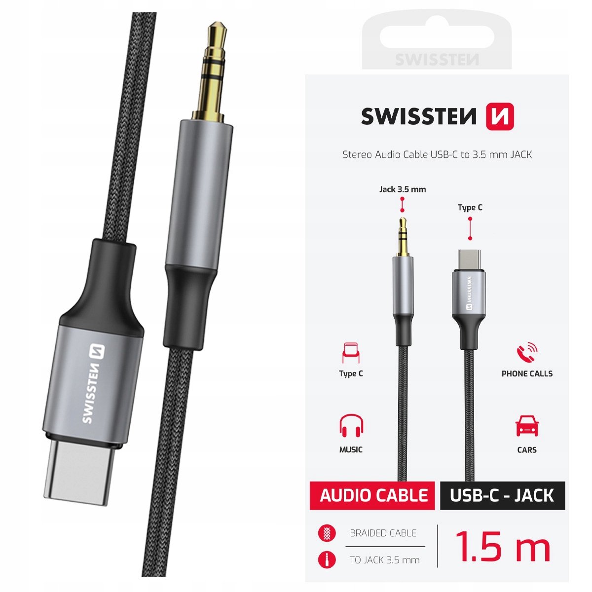 SWISSTEN USB-C naar 3.5mm Jack Adapter Kabel voor Koptelefoon & Luidspreker