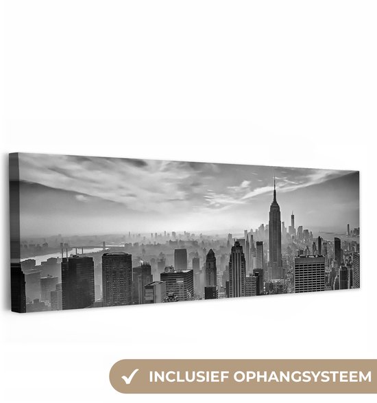 Canvas schilderij 150x50 cm - Wanddecoratie Architectuur - Zwart wit - Stad - Skyline - New York - Muurdecoratie woonkamer - Slaapkamer decoratie - Kamer accessoires - Schilderijen op canvas