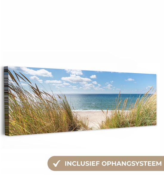 Canvas schilderij 150x50 cm - Wanddecoratie Duin - Gras - Zee - Strand - Muurdecoratie woonkamer - Slaapkamer decoratie - Kamer accessoires - Schilderijen op canvas