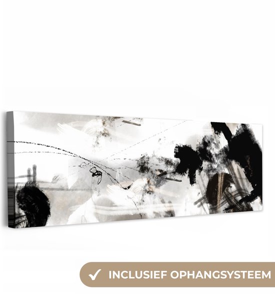 Canvas schilderij 300x100 cm - Wanddecoratie Schilderij - Verf - Zwart wit - Kunst - Muurdecoratie woonkamer - Slaapkamer decoratie - Kamer accessoires - Schilderijen op canvas