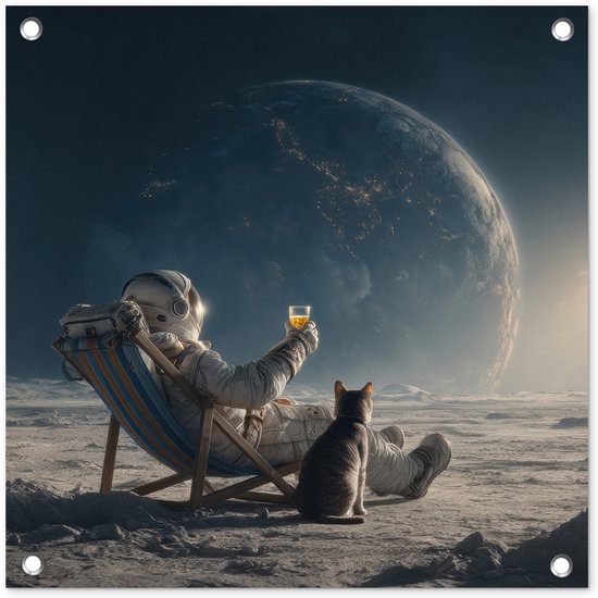 Tuinposter 50x50 cm - Tuindecoratie Maan - Kat - Astronaut - Ruimte - Poster voor in de tuin - Buiten decoratie - Schutting tuinschilderij - Tuindoek muurdecoratie - Wanddecoratie balkondoek