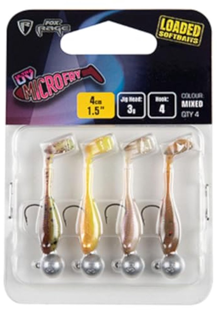 Micro Fry Mixed UV Kleurenset - 4 Rubber Vissen voor Baars en Forel Visserij