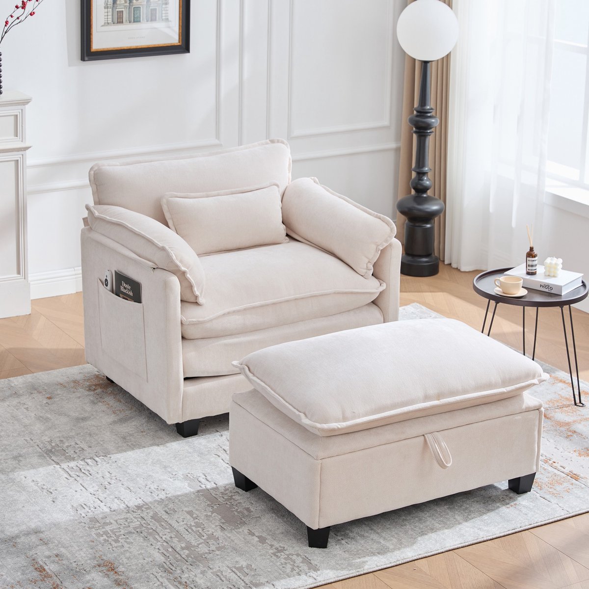 PHOEBE CAT Fauteuil - met Hocker - Velvet - met Kussen - Leesstoel - Opbergfunctie - Beige