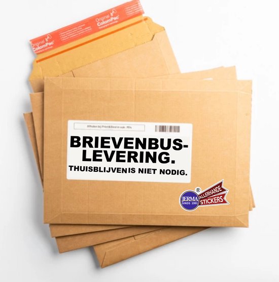 Enveloppes en carton brun avec "LIVRAISON EN BOÎTE AUX LETTRES. PAS BESOIN DE RESTER À LA MAISON." et "JERMA ALLERHANDE STICKERS".
