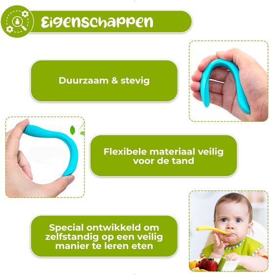 Flexibele, duurzame en stevige babylepel, veilig voor de tand, helpt bij zelfstandig eten.