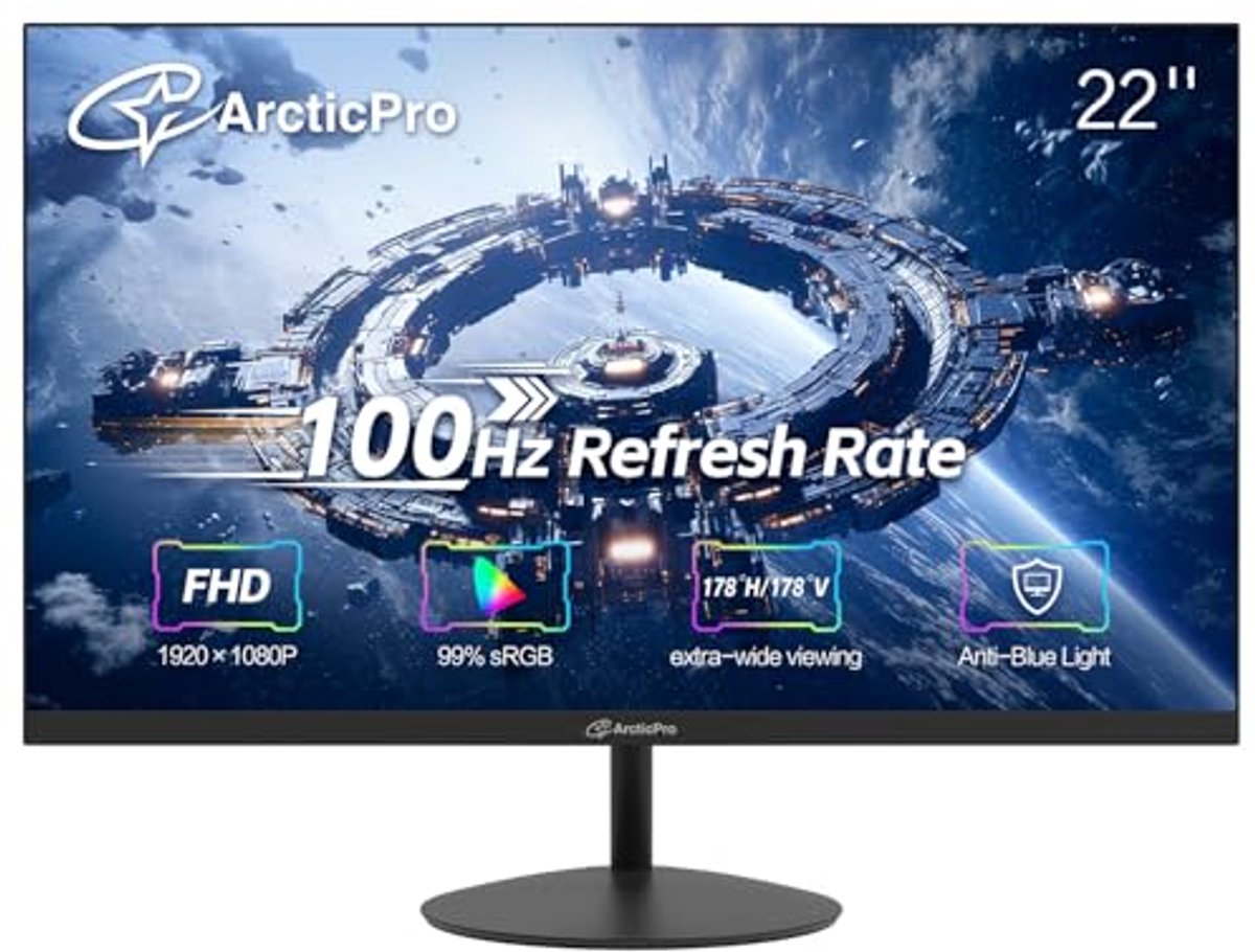 22 Inch FHD 1080p Computer Monitor - Office & Gaming - 100Hz - Frameless Design